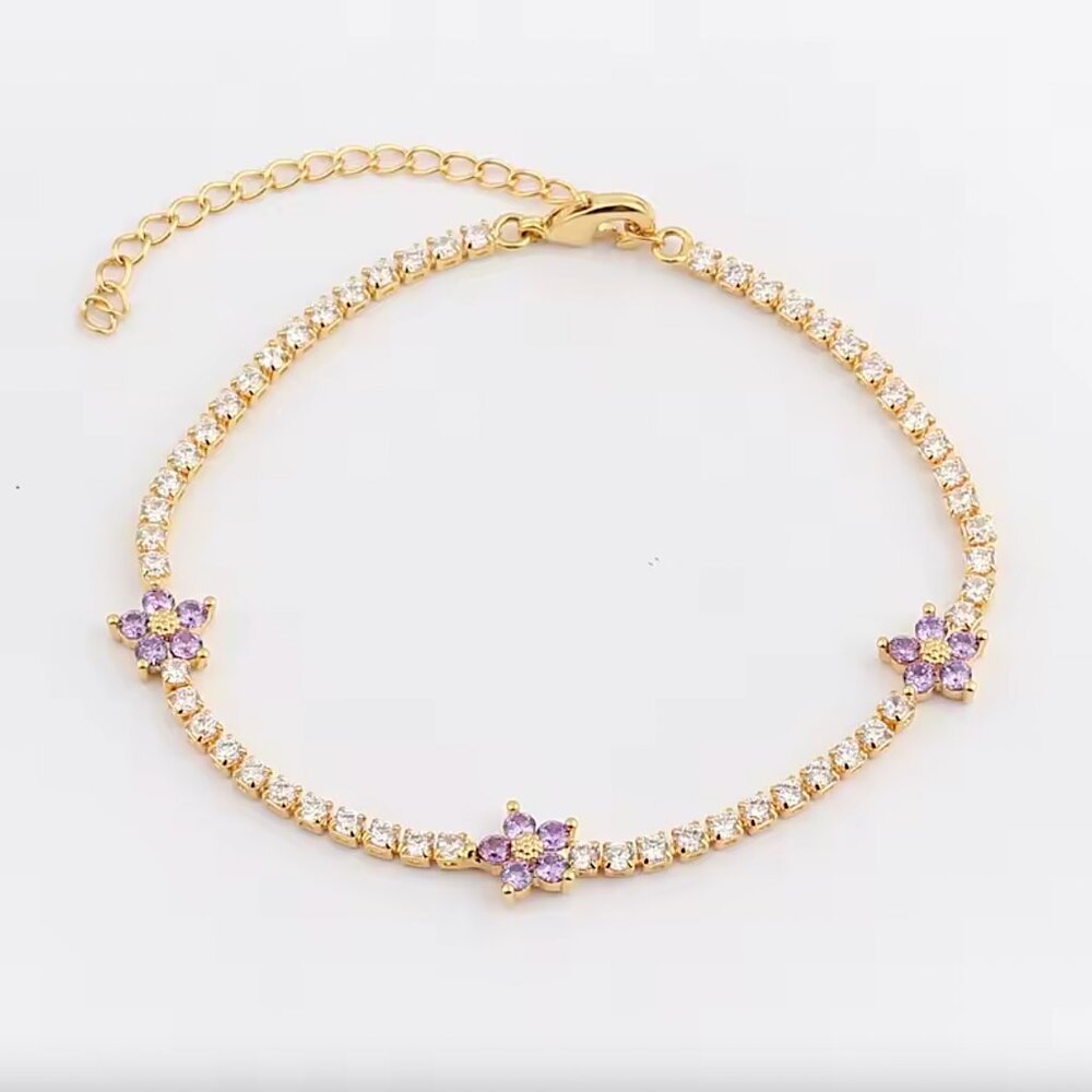 Daisy Flower Gold Dainty Tennis Bracelet (Lavender Purple Flower)